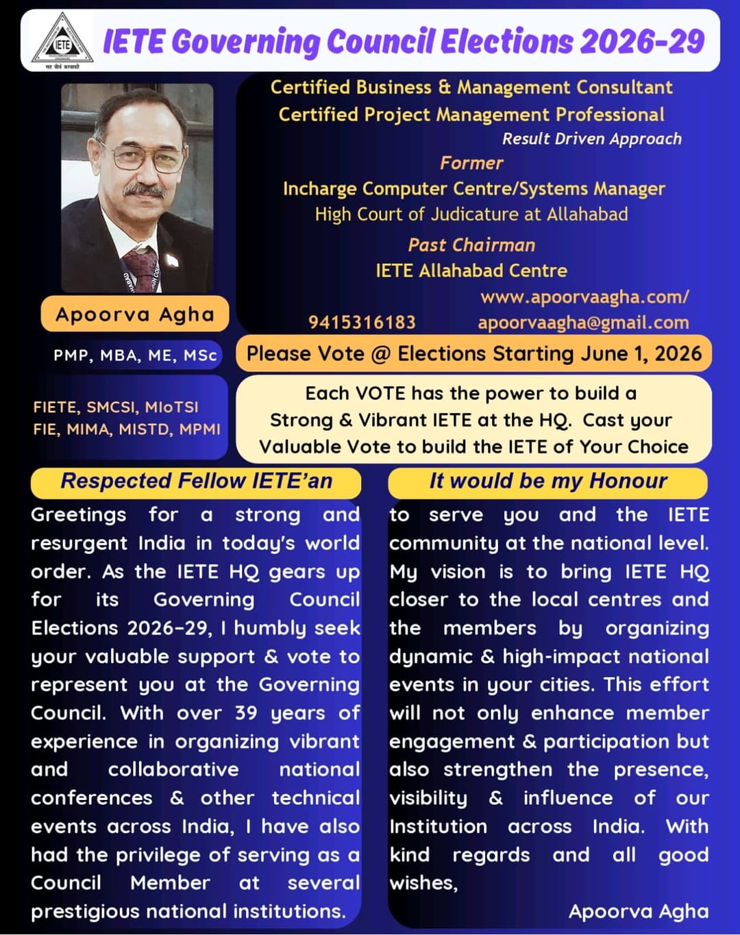 IETE Governing Council Elections 2026-29 — Apoorva Agha
